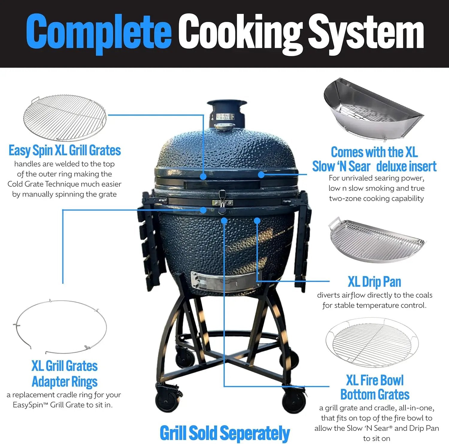 SnS Grills Slow ‘N Sear® 5-Piece Cooking System - Patented Charcoal Basket with Removeable Water Reservoir, EasySpin Grate, Drip Pan for Low ‘N Slow Smoking & Charcoal Grilling on Big Green Egg XL by GreenHaven Gardens