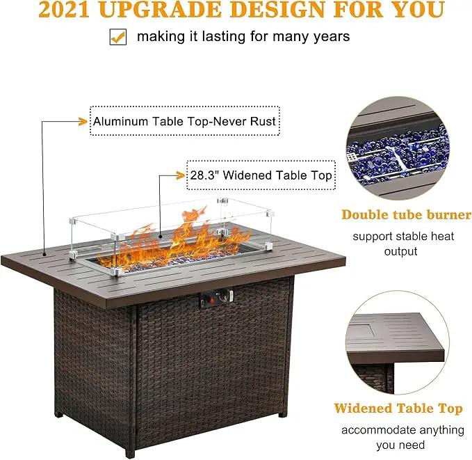 LayinSun 44" Propane Gas Fire Pit Table, 55000 BTU Rectangular Fire Pit with Glass Wind Guard for Outside Patio Deck Garden Backyard Brown-Aluminum Top by GreenHaven Gardens