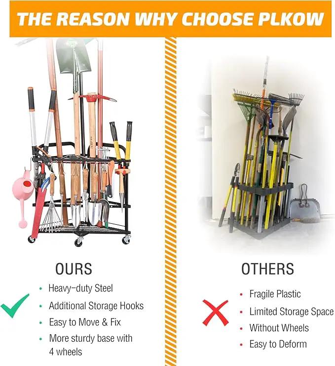 PLKOW Garden Tool Organizer with Wheels and Storage Hooks, Rolling Corner Tool Storage Rack for Garden, Shed, Garage, Powder Coated Steel, Black by GreenHaven Gardens
