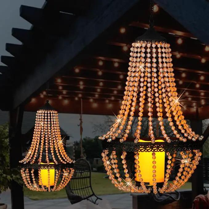 Hanging Candle Chandelier Outdoor, Battery Operated Clear Acrylic Beaded Chandelier with Flickering Led Candle Light S Hooks Modern Lantern for Garden Yard Patio Gazebo Room Indoor Decorations, 27”H by GreenHaven Gardens