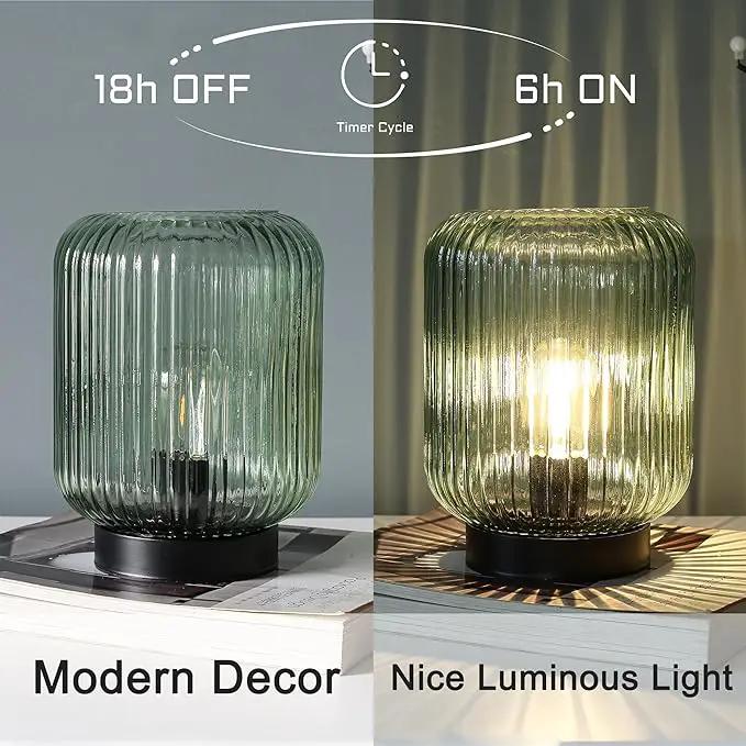 Battery Operated Lamp, Cordless Table Lamps for Home Decor, Battery Powered Nightlight with LED Bulb, Decorative Glass Beside Lamp for Bedroom Living Room-Green by GreenHaven Gardens