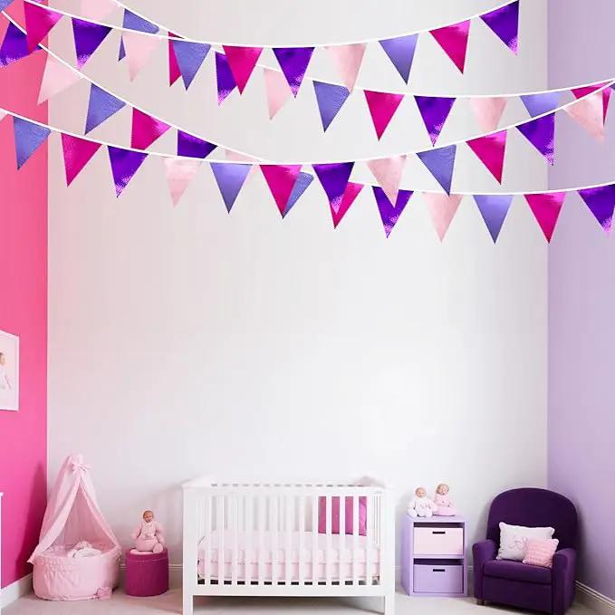 Pink and Purple Party Decorations Metallic Hot Pink Lavender Fabric Triangle Pennant Banner Flag Bunting Garland for Girls Women Birthday Wedding Baby Shower Bachelorette Engagement Party Supplies by GreenHaven Gardens