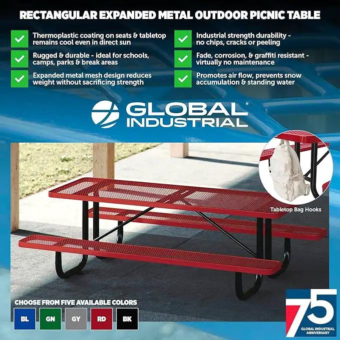 Global Industrial 6’L Rectangular Picnic Table, Expanded Metal, Red Thermoplastic Coating, Attached Benches, 1-1/2” Umbrella Pole Hole, Outdoor-Rated, 1000 lb Capacity, 72” x 30” Tabletop by GreenHaven Gardens
