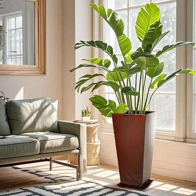 KOL 28''H. Tall Galvanized Steel Glazed Planter with Saucer, Set of 2, Planter Pots with Insert for Indoor & Outdoor Use, Decorative Flower Plant Pots for Front Porch, Patio, Deck - Reddish Brown by GreenHaven Gardens