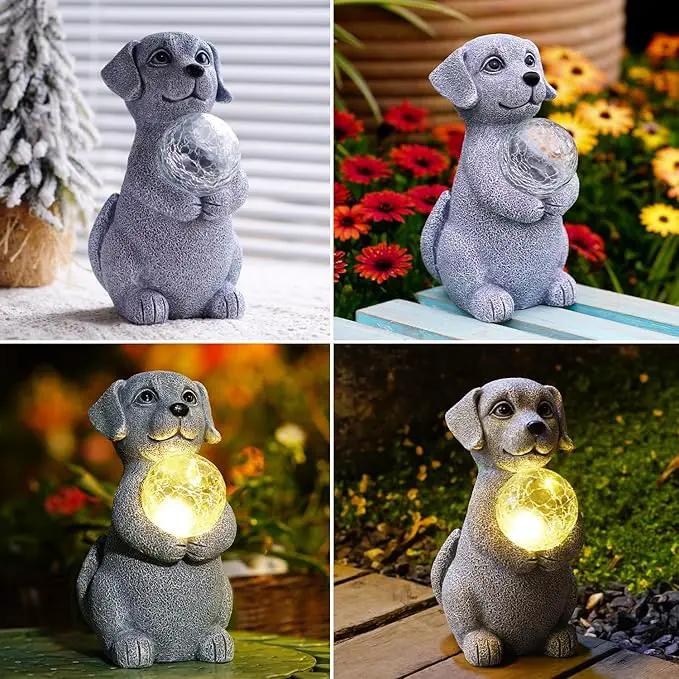 Solar Dog Garden Statues - 8.4 "Dog Decor with Gazing Ball Solar LED Lights, Unique Gifts for Mom Grandma Birthdays, Outdoor Decor for Outside Lawn Porch Patio (Gray) by GreenHaven Gardens
