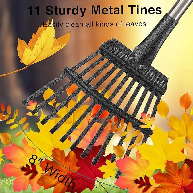 Leaf Rake for Leaves, 8" Wide Heavy Duty Metal Garden Rake 11 Tines, Adjustable Lawn Yard Shrub Kids Rake, 5.2ft by GreenHaven Gardens