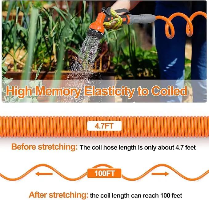 3/8” Lightweight Coil Garden Hose 100 FT, EVA Retractable Curly Water Pipe with 6-Pattern Spray Nozzle for Boat, Greenhouse, Yard, Patio (Orange) by GreenHaven Gardens