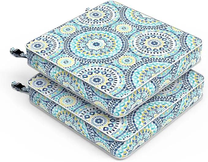 LVTXIII Patio Chair Cushions 22"x22"x3", Water-Repellent Outdoor Seat Cushions for Patio Furniture, Square Chair Pads with Ties for Home Garden Decoration, Set of 2, Delancey Lagoon by GreenHaven Gardens
