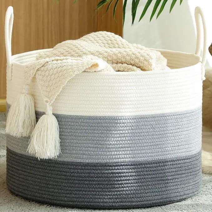 KAKAMAY Large Blanket Basket (20"x13"),Woven Baskets for storage Baby Laundry Hamper,Cotton Rope Blanket Basket for Living Room, Laundry, Nursery, Pillows, Baby Toy chest with Handles (White/Grey) by GreenHaven Gardens