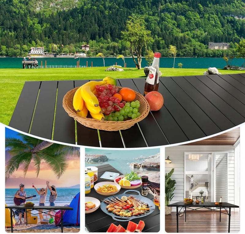 Large Folding Camping Table Aluminum for 5-7 People 55"X27.5" Roll Up Tall Outdoor Portable Table Lightweight with Carry Bag for Picnic BBQ Backyard Beach Black by GreenHaven Gardens