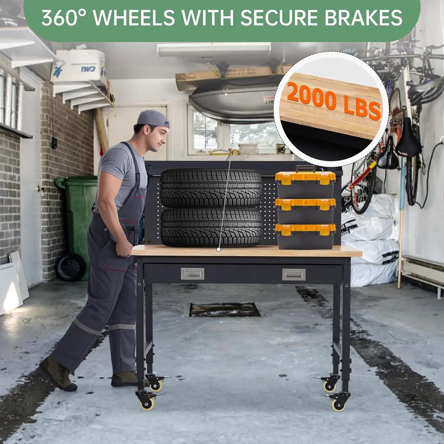48'' Adjustable Workbench, Heavy Duty Workbench with Drawer and Backplate, 2000 LBS Capacity Work Table with Power Outlet and Lockable Wheels, Suitable for Office, Garage, Workshop by GreenHaven Gardens