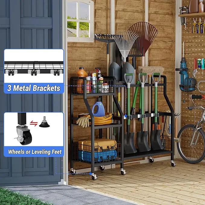 keomaisyto Garden Tool Organizer with 6 Wheels(3 lockable), Heavy Duty Yard Tool organizer with 2 Basket, Large Metal Garage Tool Organization and Storage for Garage/Shed/Yard/Broom Closet/Lawn by GreenHaven Gardens