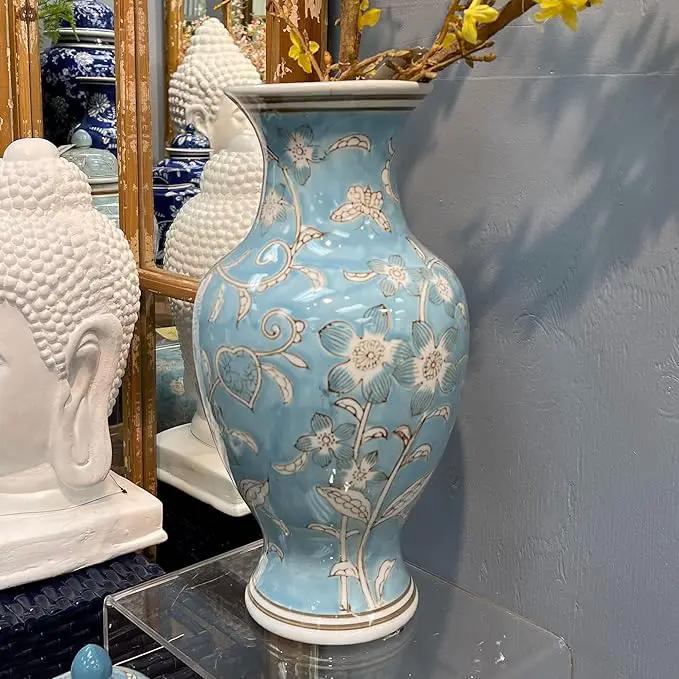 Galt International Light Blue and White Flower & Heart Chinoiserie Ceramic Vase 14"- Hand Painted Antique Style Porcelain Flower Bottle Fishtail Porcelain Chinese Vase for Home Decor Centerpiece by GreenHaven Gardens