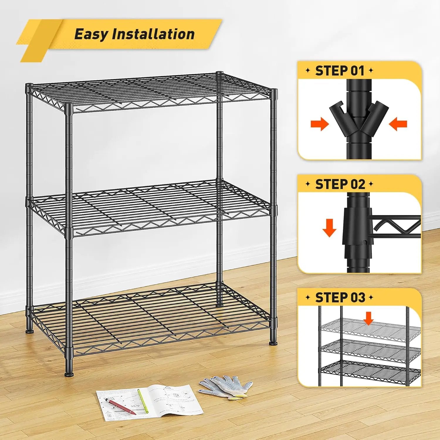 Storage Shelves Adjustable Wire Shelving Metal Wire Rack Shelving Unit Storage Shelf for Kitchen Laundry Room Pantry Closet Bathroom 24" W x 30" H x 14" D Black by GreenHaven Gardens