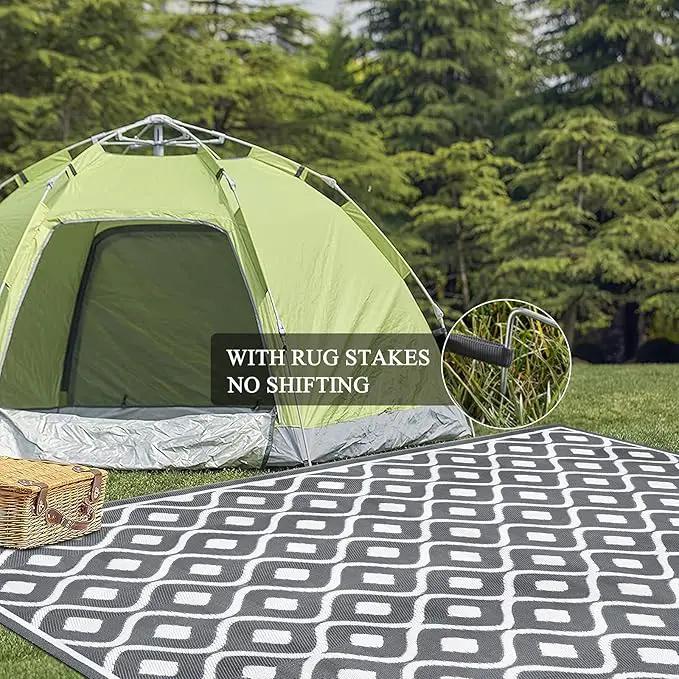 Pauwer Waterproof Outdoor Rug 8x10, Reversible Plastic Straw Patio Camping Rug, Indoor Outdoor RV Mat Carpet for Deck, Camper, Porch, Balcony, Backyard, Picnic, Geometric Grey by GreenHaven Gardens