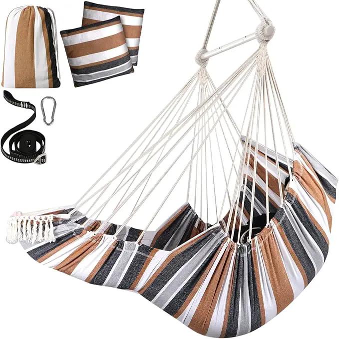 Chihee Hammock Chair Hanging Chair with Foot Rest 2 Cushions Max 500lbs Robust Metal Spreader Bar Collapsible Easy Storage Soft Cotton Swing Chair Strong Strap Iron Carabiner Side Pocket Included by GreenHaven Gardens