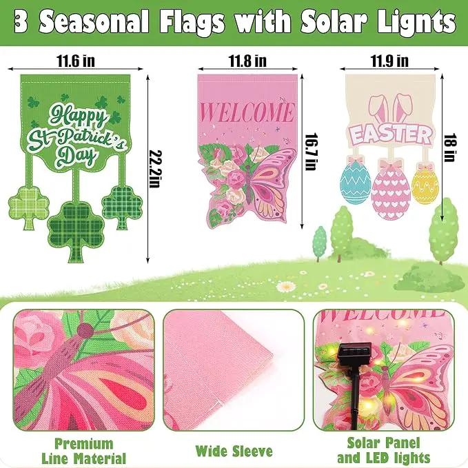 3 Set Seasonal Garden Flags with 8 Modes Solar LED Double Sided 12 x 18 Inch Small Yard Flags Outdoor Lighted Welcome Spring Easter St. Patrick's Day Clover Garden Decor for All Seasons by GreenHaven Gardens