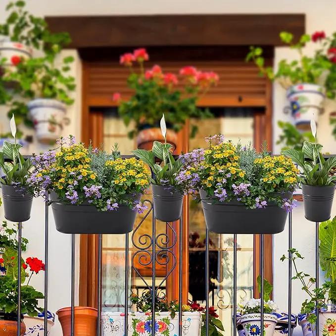 Metal Iron Flower Pots for Railing Fence Hanging Bucket Pots(5 Pcs) and Hanging Flower Pots Metal Iron Bucket Planter(10 Pcs) (Black) by GreenHaven Gardens
