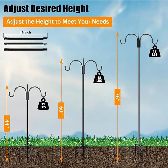 FEED GARDEN Adjustable Double Shepherds Hook for Outdoor with 5 Prong Base 76 Inch Heavy Duty Two Sided Bird Feeder Pole for Hanging Plant Baskets, Solar Light Lanterns, Wind Chimes 2 Pack by GreenHaven Gardens
