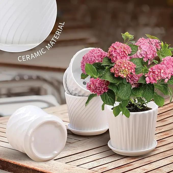 Plant Pots - 5.5 Inch Cylinder Ceramic Planters with Connected Saucer, Pots for Succuelnt and Little Snake Plants, Set of 4, White by GreenHaven Gardens