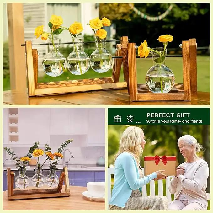 Kingbuy Plant Terrarium Propagation Station - 3 Glass Bulb Vases with Retro Wooden Stand Boho Desktop Planter for Hydroponics Home Garden Indoor Home Office Decor Unique Gifts for Women & Plant Lovers by GreenHaven Gardens