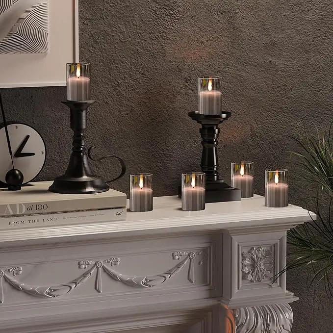 6Pack Glass Flickering Flameless Candles with Remote, 2"X3" Real Wax Votive Candles Battery Operated, Small Electric LED Candles for Wedding Home Decor, w/4 Timers+2 Lighting Modes [Gray] by GreenHaven Gardens