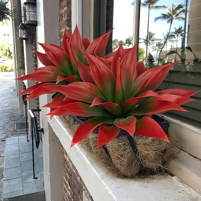 Artificial Agave Plants,Large UV Resistant Fake Agave Planters for Indoor and Outdoor Decorating Tropical Plant Succulents Greenery Indoor Decor (2Pack,18" Red) by GreenHaven Gardens