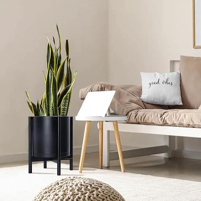 D'vine Dev Planter Pot with Stand - 14 Inch Plastic Cylinder Flower Pot with Wood Planter Holder for Indoor, Matte Black Pot + Ebony Stand, 55-C-T-2 by GreenHaven Gardens
