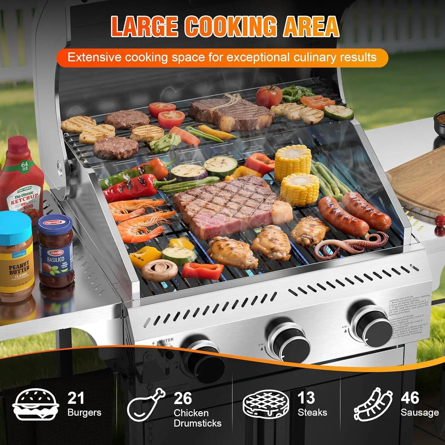 3-Burner Gas Grill with Folding Side Tables,Stainless Steel 24,000 BTU BBQ Grill,Outdoor Propane Grill for Barbecue,Patio,Camping by GreenHaven Gardens