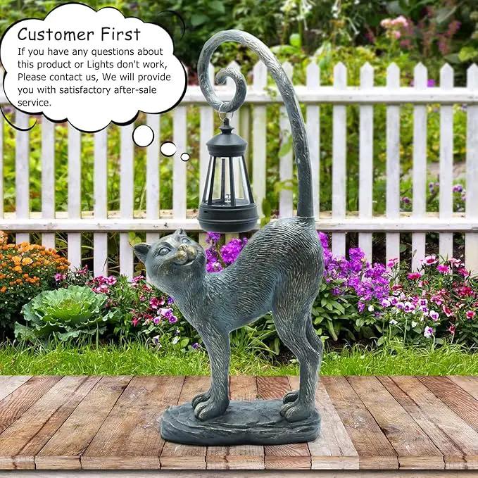 Resin Cat Statue with Solar Lantern, Eye-catching Garden Sculpture Decor，15.3" Height Outdoor Figurine for Garden Yard Patio Decorations，Birthday Gifts by GreenHaven Gardens
