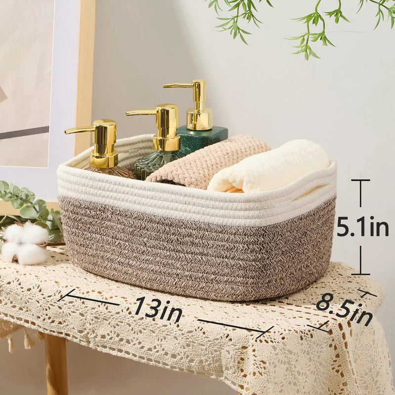 Small Storage Baskets for Organizing | Closet Organizer Bins | Shelf Toy Basket | Woven Rope Baskets | Cube Decorative Box | Shallow Basket | 13x8.5x5.1” | 3 Packs White Brown by GreenHaven Gardens