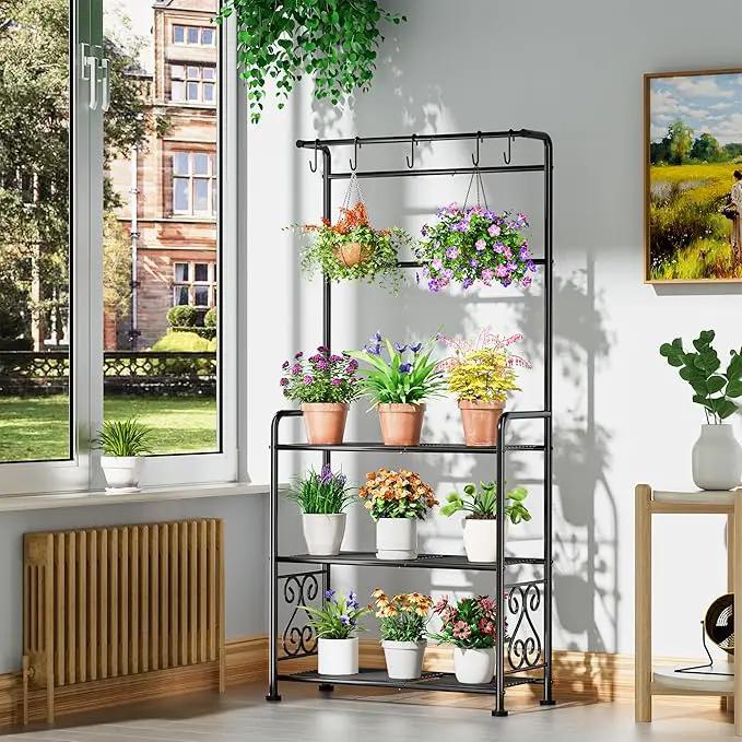 Plant Stand Indoor Outdoor Heavy Duty Metal - 56.4" Tall 3-Tier Shelf for Multiple Plants, Flowers, Rustproof Black Storage Rack for Patio, Balcony, Living Room, Garden, Includes Hooks&Adjustable Feet by GreenHaven Gardens