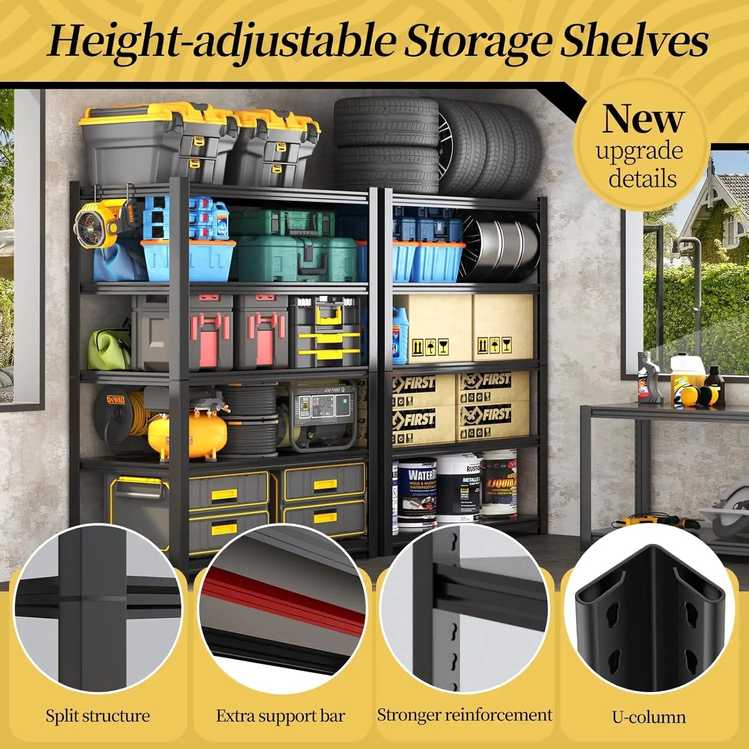 47.8" W Heavy Duty Garage Shelving 3000LBS Storage Shelves, Adjustable 5-Tier Storage Rack, Metal Shelves for Garage/Warehouse/Basement, 47.8" W x 19.8" D x 72" H, Black by GreenHaven Gardens