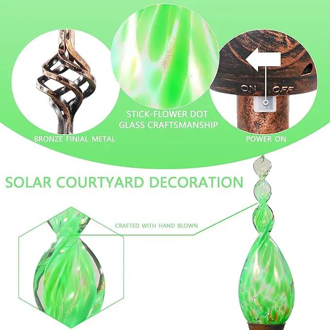 Solar Garden Lights, Decorative LED Flame Garden Stakes, Hand Blown Glass and Outdoor Waterproof Glass Stakes (Green) by GreenHaven Gardens