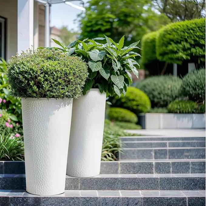 KOL 28" H. Tall Metal Cone Planters with Inner Pots 2-Pack, White Hand-Hammered Large Decor Planter for Deck, Patio, Porch - Handcrafted Flower Pot - with Water Level Indicator - Indoor Outdoor Use by GreenHaven Gardens