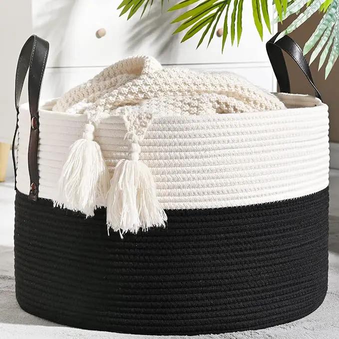 KAKAMAY Large Blanket Basket (20"x13"),Woven Baskets for storage Baby Laundry Hamper, Cotton Rope Blanket Basket for Living Room, Laundry, Nursery, Pillows, Baby Toy chest (White/Black) by GreenHaven Gardens