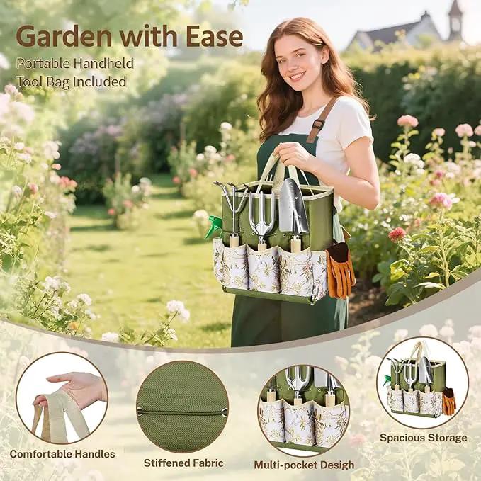 LASZOLA 9 Pcs Garden Tools Set with Tote Bag and Hand Trowel Rake Shovel, Heavy Duty Stainless Steel Gardening Kit for Outdoor Plant, Standable Portable Handbag Organizer, Ideal for Women Mom, Green by GreenHaven Gardens