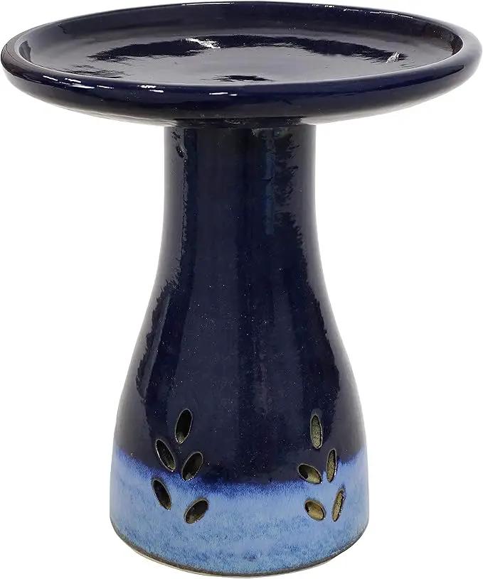 Sunnydaze 21" H Ceramic Bird Bath for Outside - Hand-Painted Outdoor Bird Bath Bowl, UV/Frost-Resistant Finish - Dark Blue - Cut Out Pedestal by GreenHaven Gardens