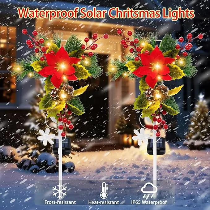 Solar Christmas Decorations Outdoor, 32 Inch Solar Christmas Cross Stake Lights, Waterproof Grave Decorations with Poinsettia Flower Pinecones Red Berries for Garden Yard Patio Lawn Cemetery by GreenHaven Gardens