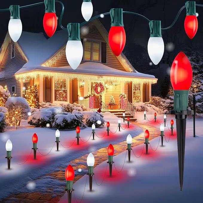 Brightown Frosted C9 LED Christmas Lights Outdoor, 32Ft Christmas Pathway Lights with 25 LED Bulbs and Stakes, Christmas Decorations Outside Driveway Walkway Sidewalk, Red and White by GreenHaven Gardens