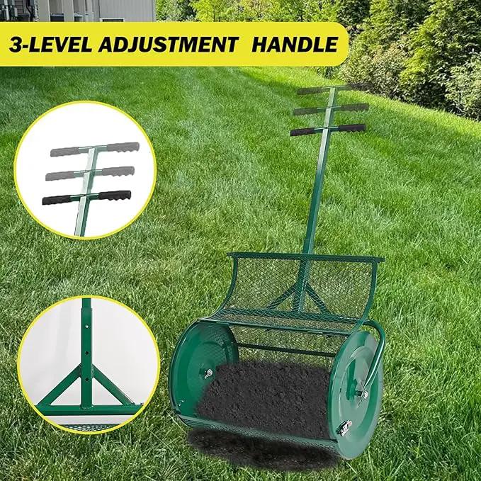 Compost Spreader, 24" Peat Moss Spreader, Roller Lawn Spreader with 3 Heights T Shaped Handle, Side Latches Powder Coated Steel Mesh Basket, Lawn & Garden Spreader for Spreading Manure Topsoil, Green by GreenHaven Gardens