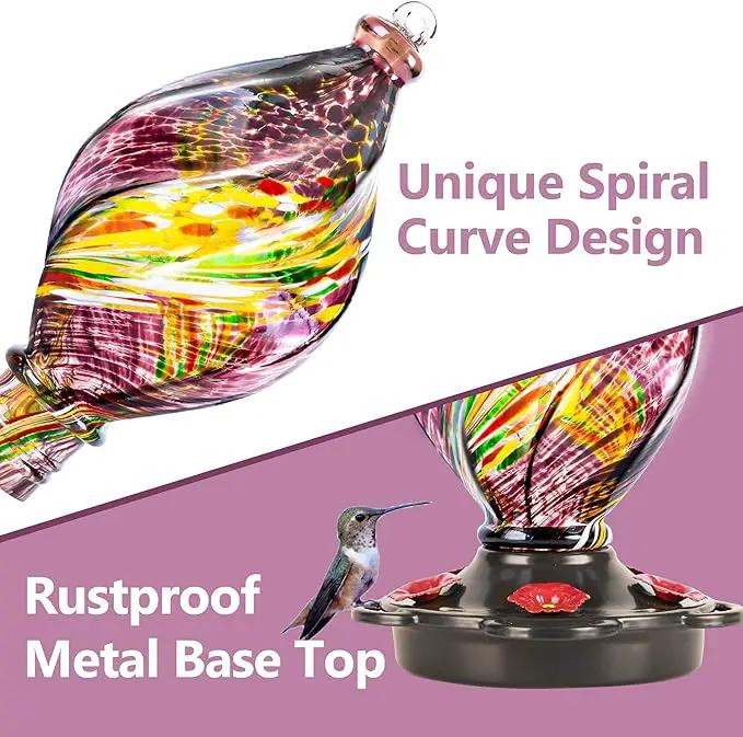 LUJII Ice Cream Shaped Spiral Hummingbird Feeder for Outdoors Hanging, Hand Blown Glass, 28 fl.oz, Leak Proof & Rustproof, Includes an Ant Moat with Hook, Unique & Stylish Glass Art & Decor (Purple) by GreenHaven Gardens