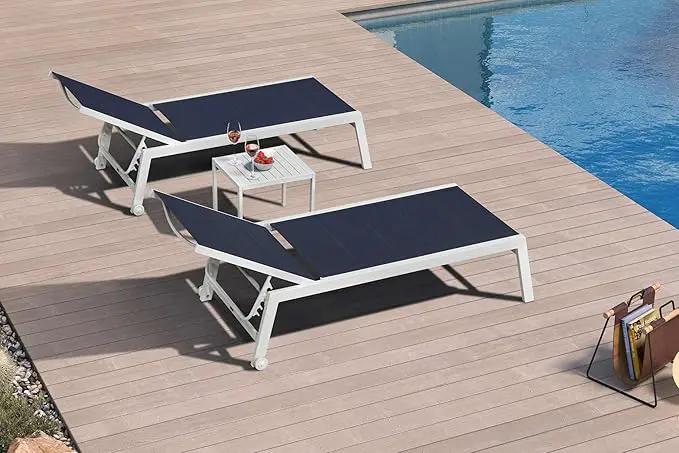 PURPLE LEAF Outdoor Chaise Lounge Adjustable Sunbathing Recliner with Side Table Navy Blue 2 Sets