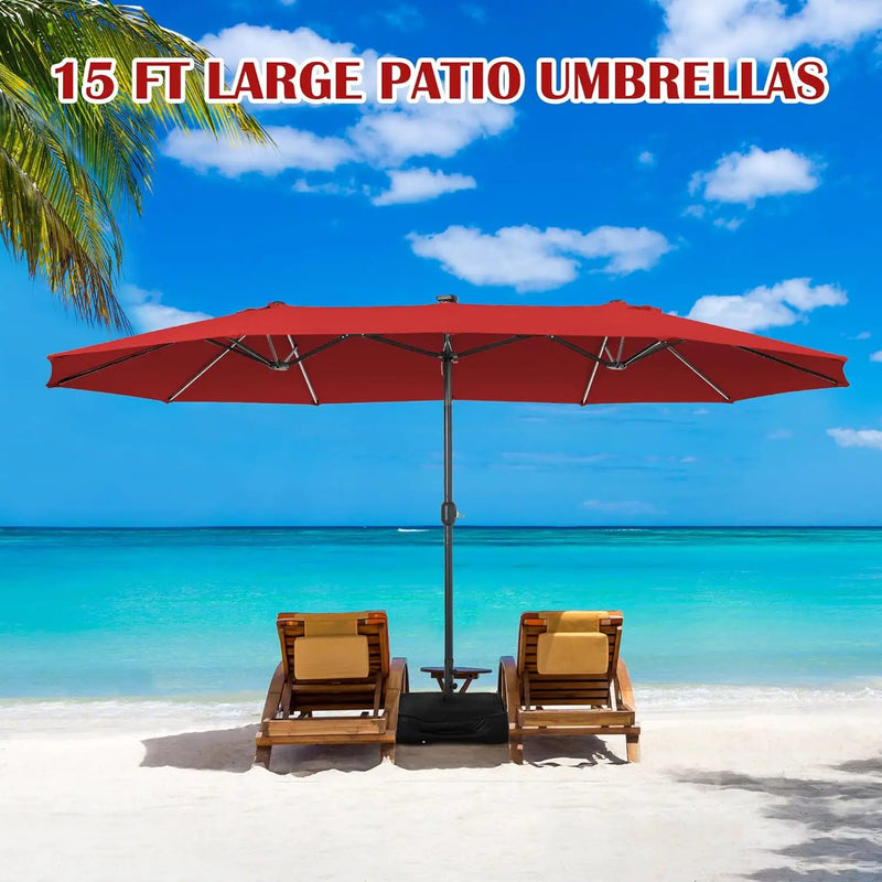 Sundale Outdoor Solar 144 LED 15 ft Patio Umbrella with Sandbag Base Included and Cover, Outdoor Double-Sided Umbrella, Red by GreenHaven Gardens