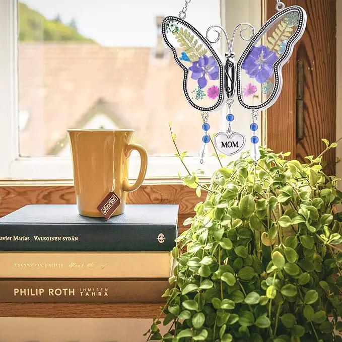 Laraine Butterfly Suncatcher with Pressed Flower Wings Mom Mother's Day Butterfly Glass Wind Chime Ornament Charm with Metal Heart Gifts for Mom Grandma Birthday (Purple Mom (with Free Hook)) by GreenHaven Gardens