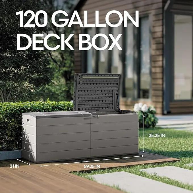 Suncast 120-Gal. All-Weather Patio Deck Box with Pad-Lockable Split Top Lid, Extra-Large Outdoor Storage Unit for Patio Furniture and Grill Tools, Made in the USA by GreenHaven Gardens