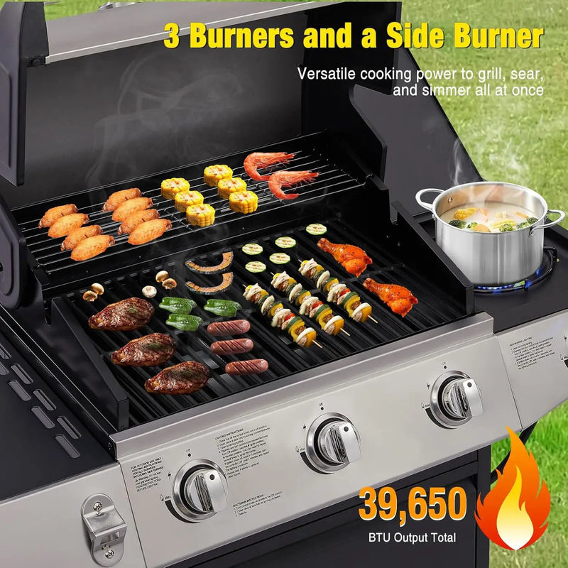 Unovivy 3-Burner Propane Gas Grill with Side Burner, Portable BBQ Grills with Oil Tray and Built-in Thermometer for Outdoor Barbecue, Camping, Patio, Backyard, 39,650 BTU by GreenHaven Gardens