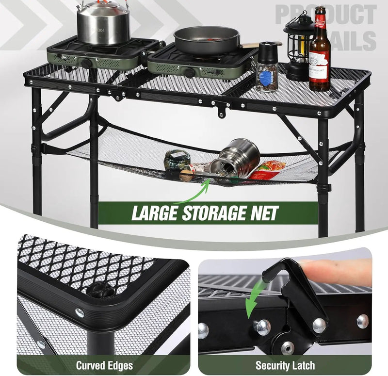 REDCAMP Small Triple fold Folding Grill Table for Outside, 3 Heights Adjustable Lightweight Portable Metal Aluminum Frame Outdoor Table for Camping Picnic Cooking BBQ, Black, 34x16 inches by GreenHaven Gardens