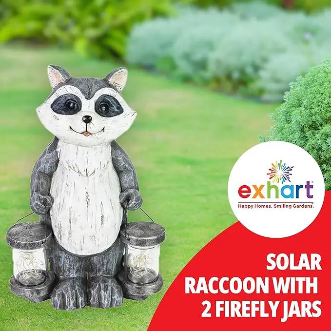 Exhart Garden Sculpture, Raccoon Solar Garden Statue with 2 Jars, 16 LED Firefly Lights, Outdoor Garden Decoration, 7.5 x 9 x 10.5 Inch by GreenHaven Gardens