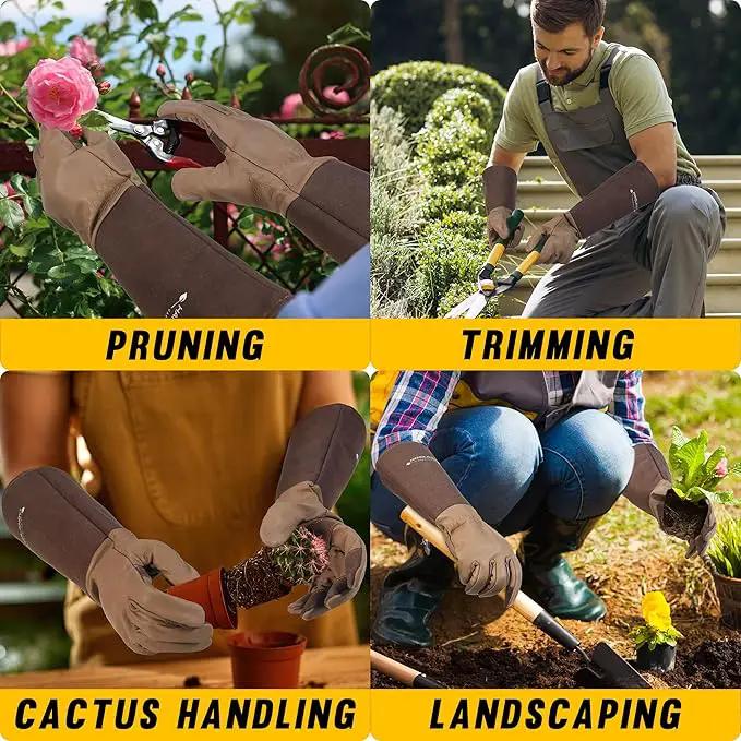HANDLANDY Long Gardening Gloves for Men & Women, Cowhide Leather Rose Pruning Gloves- Breathable & Durable Gauntlet Glove (Medium, Brown) by GreenHaven Gardens